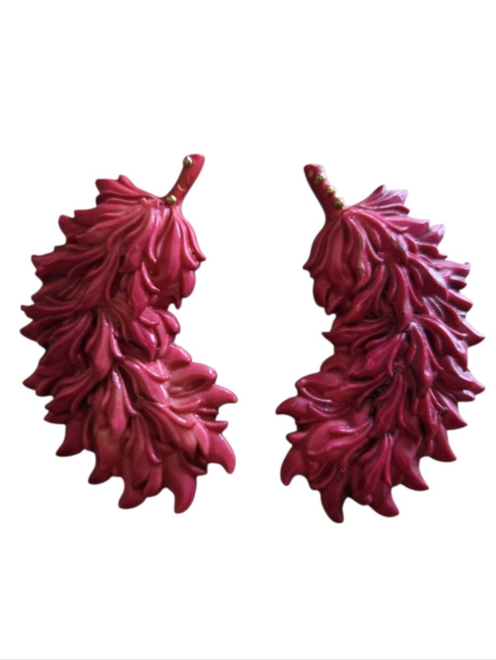 vintage magenta pink enamel feather leaf clip on earrings 1980s retro